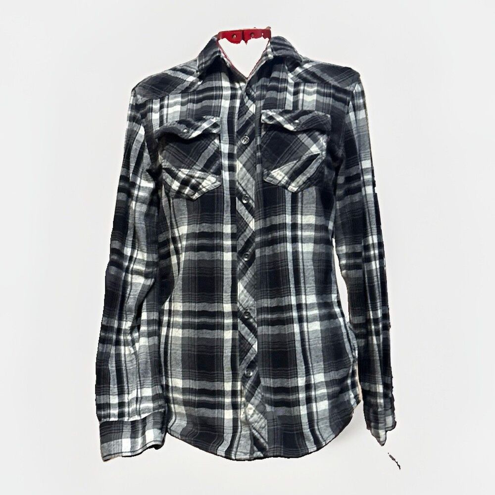 Rock & Republic Black White Plaid Button Down Roll Button Sleeve Sz  Small